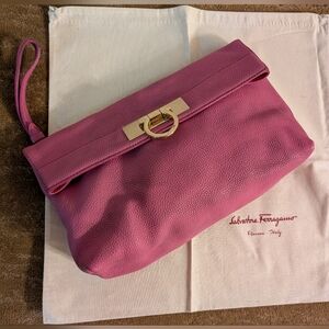 Salvatore Ferragamo Pink Leather Wristlet Clutch with Gancini Hardware